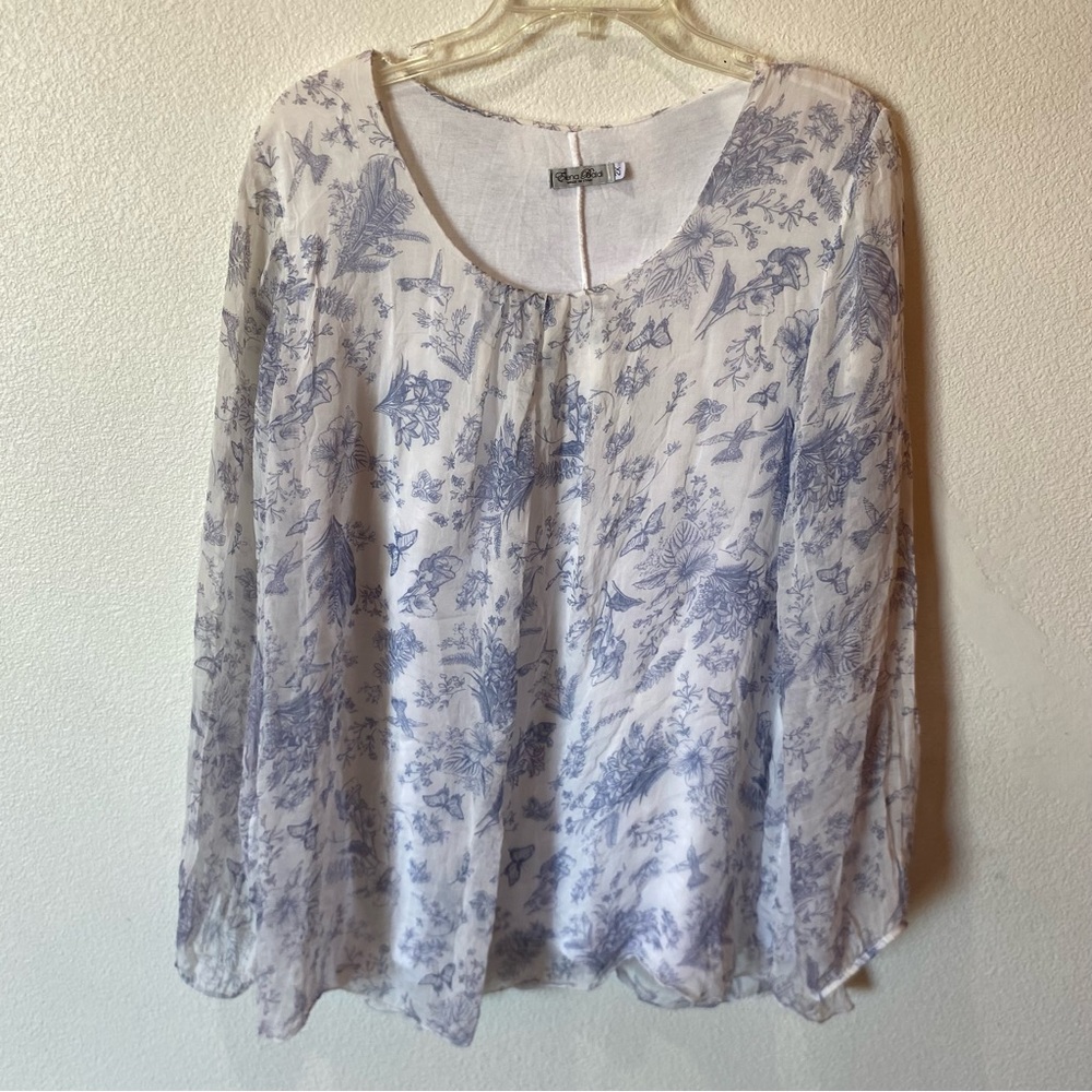 Elena Baldi Lightweight Blue white Floral Scoop Neck Blouse Womens 2X Sheer Silk